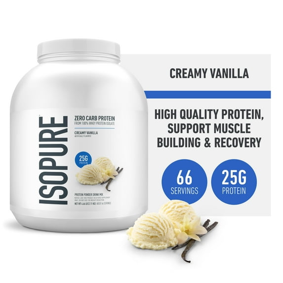 Isopure Zero Carb 100% Pure Whey Isolate Protein Powder, Lactose Free, Gluten Free, With Vitamins, Creamy Vanilla, 25g Protein Per Serving, 4.5 Lbs, 66 Servings (Packaging May Vary)
