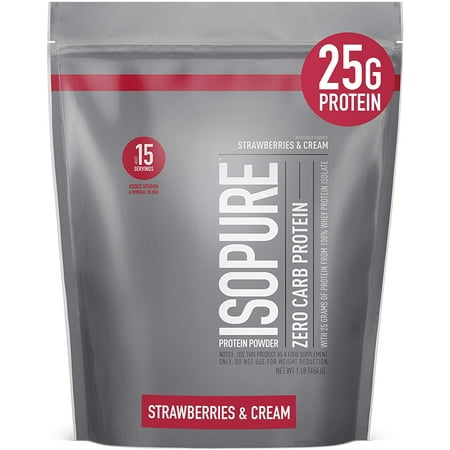 Isopure Zero Carb 100% Pure Whey Isolate Protein Powder, Strawberries & Cream, Zero Sugar, Gluten Free, With Vitamins, 25g Protein Per Serving, 1 Lb, 15 Servings