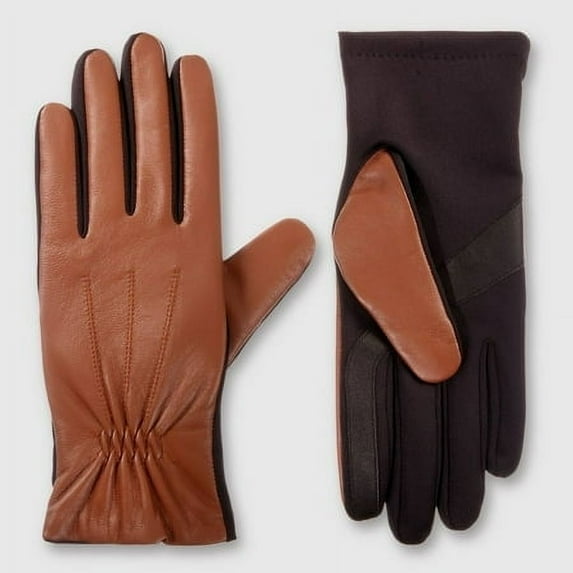Isotoner Adult Gathered Wrist Leather Gloves - Camel S/M