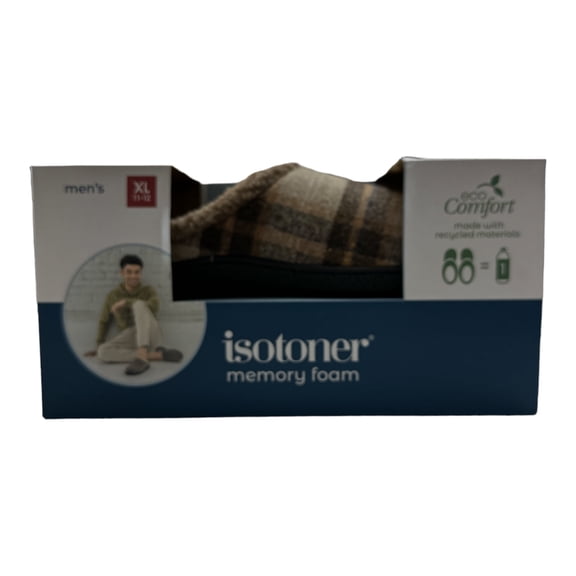 Isotoner Men's Memory Foam Cushioned Hoodback Eco Comfort Slippers (Dark Chocolate Plaid, L (9.5-10.5))