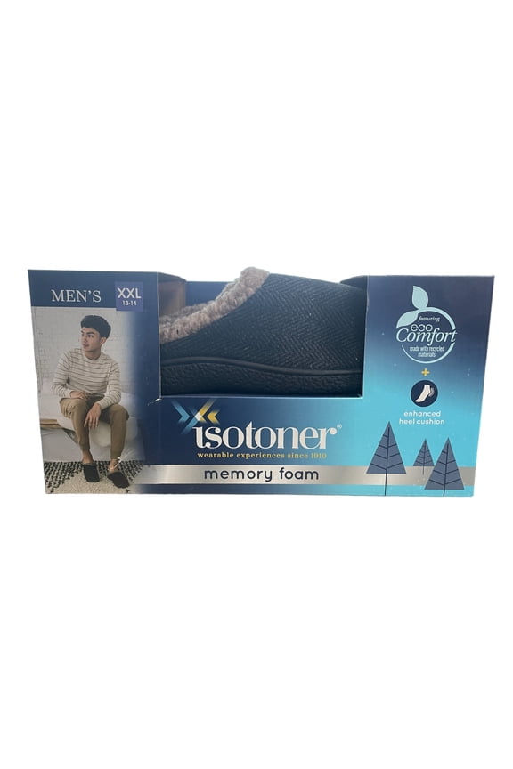 Men's Memory Foam MicroTerry Lined Hoodback Eco Comfort Slippers (Black Herringbone, XXL (13-14))