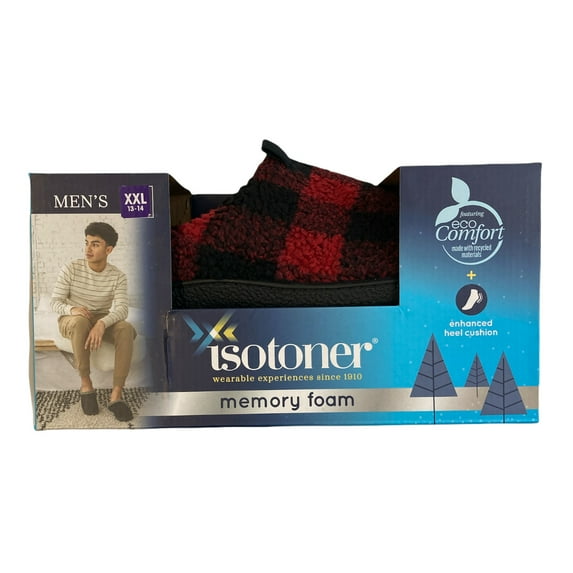 Isotoner Men's Memory Foam MicroTerry Lined Hoodback Eco Comfort Slippers (Buffalo Plaid, XL(11-12))