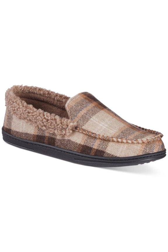 Mens Plaid Moccasin Slippers with Gel Memory Foam, Dark Choco, Size L 9.510.5