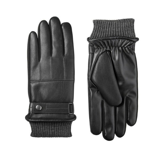 Isotoner Mens Faux Leather Sleek Heat Winter Gloves (Black, XL) - 70161