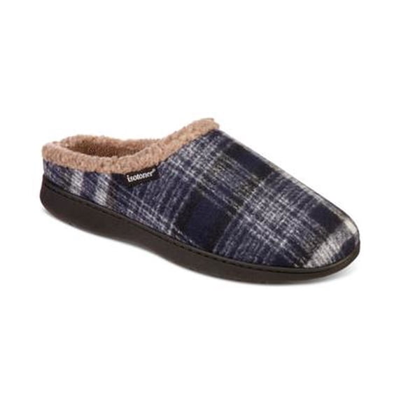Isotoner Mens Plaid Hoodback Slipper, Navy Blue, Medium(8-9)