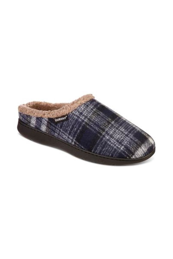 Mens Plaid Hoodback Slipper, Navy Blue, Medium(8-9)