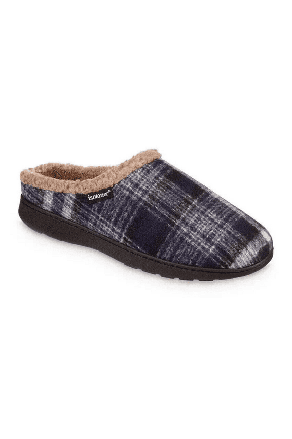 Mens Plaid Hoodback Slipper, Navy Blue, XL(11-12)