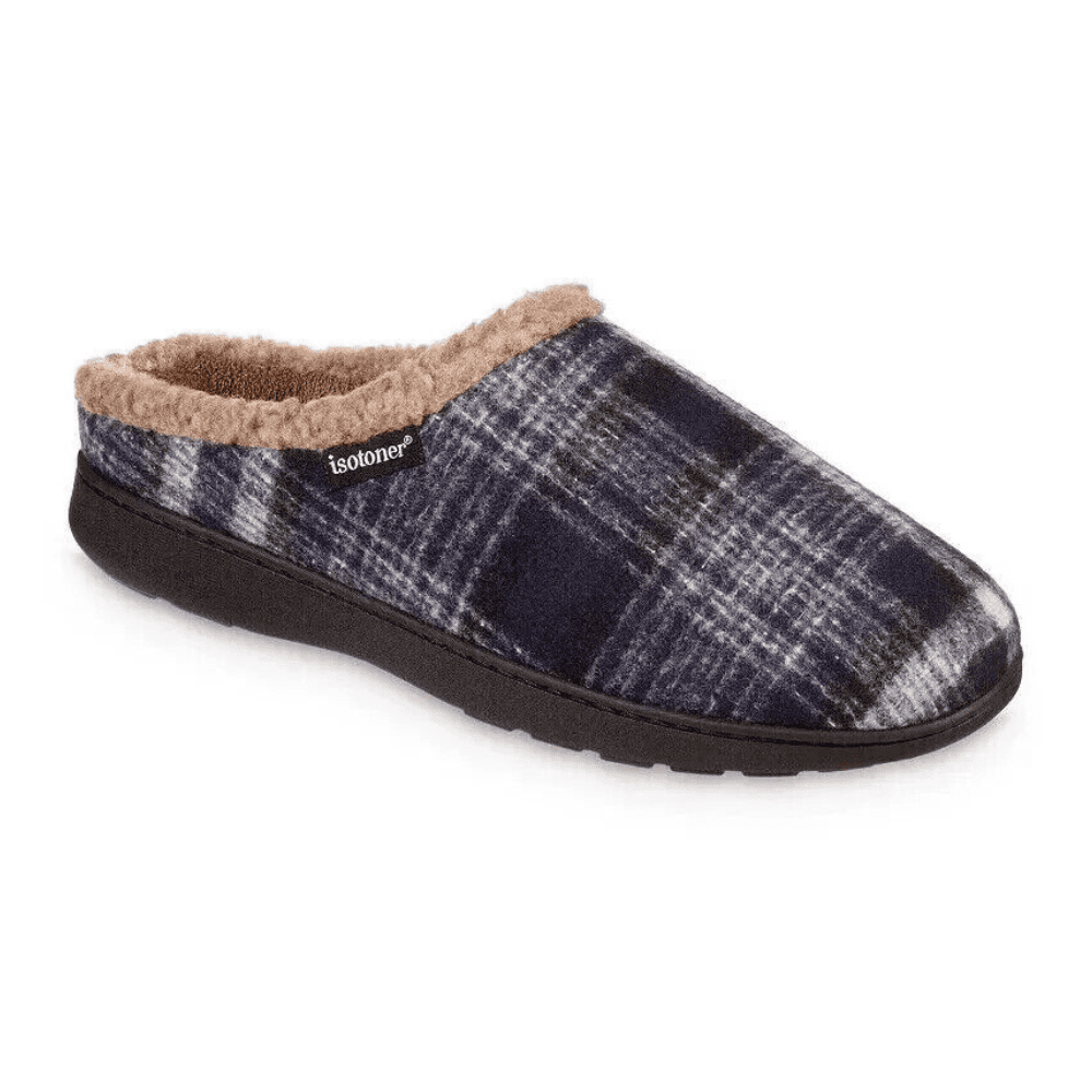 Isotoner Mens Plaid Hoodback Slipper, Navy Blue, XXL(13-14)