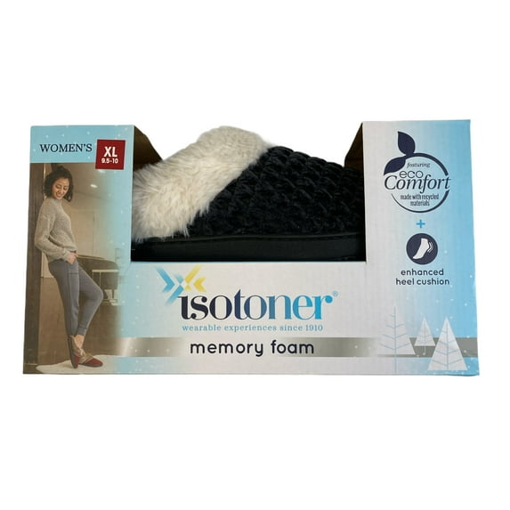 Isotoner Women's Eco-Comfort Memory Foam Faux Fur Indoor/Outdoor Slipper (Black/White, L(8.5-9)