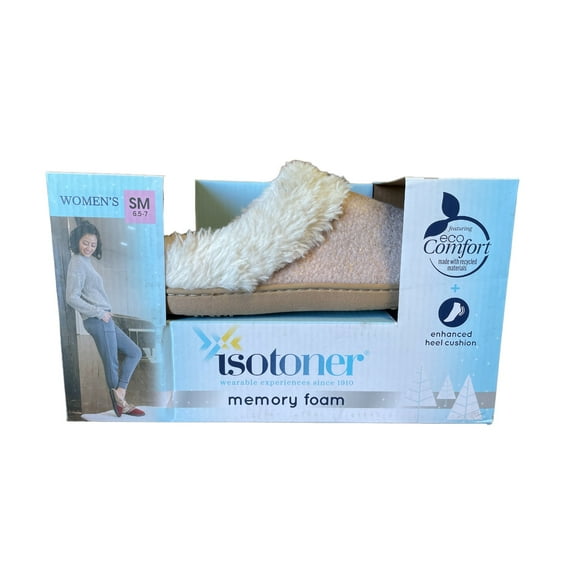 Isotoner Women's Eco-Comfort Memory Foam Faux Fur Indoor/Outdoor Slipper (Pink, S(6.5-7))