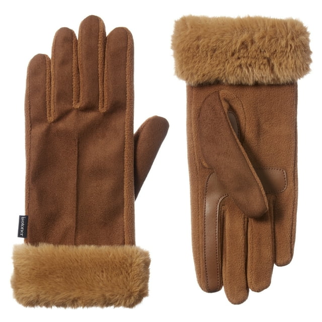 Isotoner Women's Microfiber Winter Glove with Faux Fur Cuff, S/M, Cognac