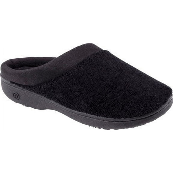 Isotoner Women's Terry and Satin Slip on Cushioned Slipper with Memory Foam for Indoor/Outdoor Comfort Flat Sandals BLK-7/8