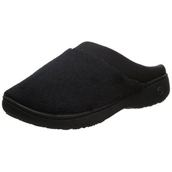 Isotoner Women's Terry and Satin Slip on Cushioned Slipper with Memory Foam for Indoor/Outdoor Comfort Flat Sandals BLK-9/10
