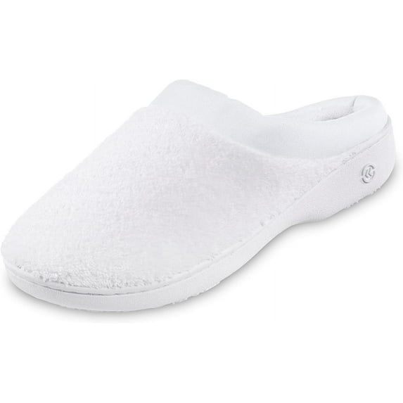 Isotoner Women's Terry and Satin Slip on Cushioned Slipper with Memory Foam for Indoor/Outdoor Comfort Flat Sandals WHI-6/7
