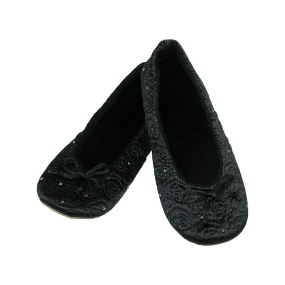 Isotoner Womens Ballerina Slippers With Terry Lined & Rose Quilt Ballet BLK-XL
