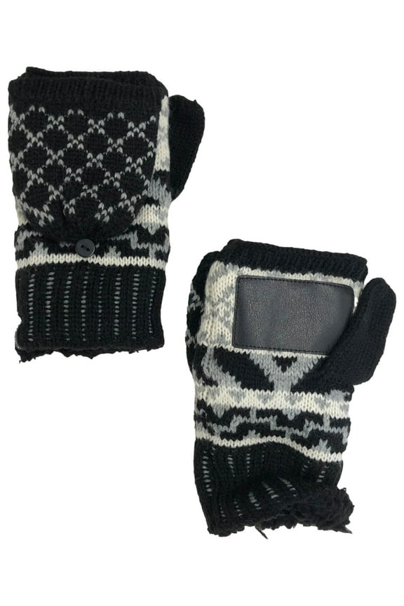 Womens Black & Gray Knit Sherpa Soft Fingerless Convertible Gloves