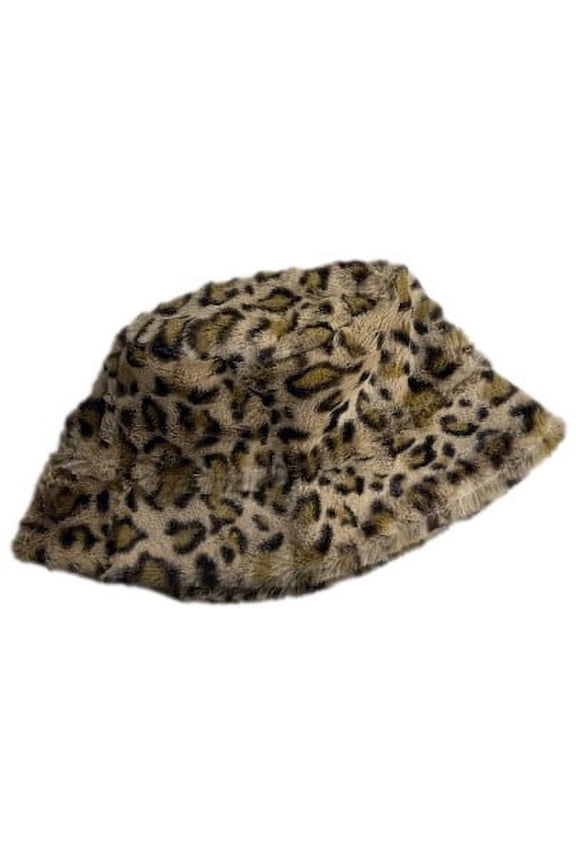 Womens Fluffy Brown Leopard Print Bucket Hat Cap
