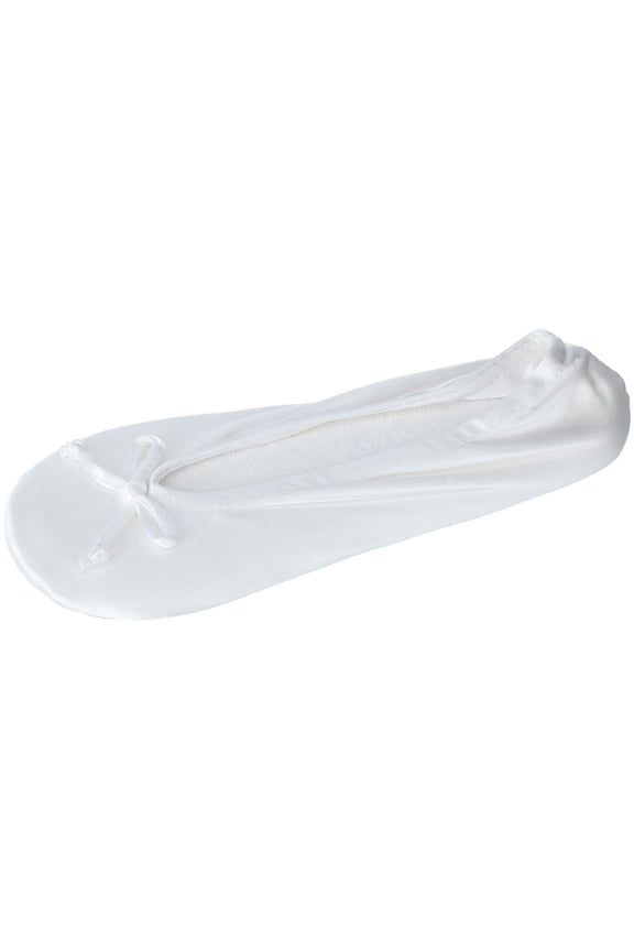 womens Satin Ballerina With Bow and Suede Sole Slipper WHT-XL