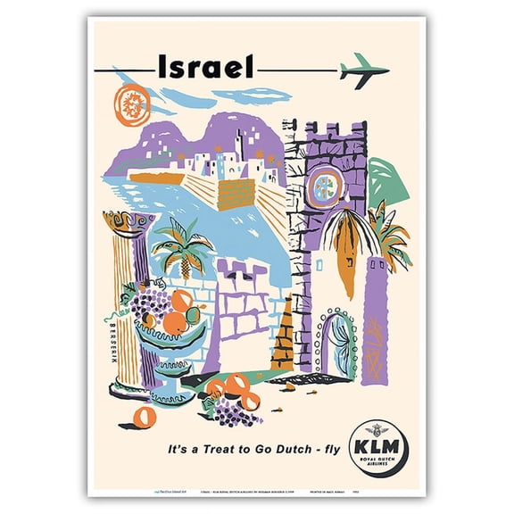 Israel - Caesarea Port - KLM Royal Dutch Airlines - Vintage Airline Travel Poster by Herman Berserik c.1959 - Master Art Print 10in x 14in