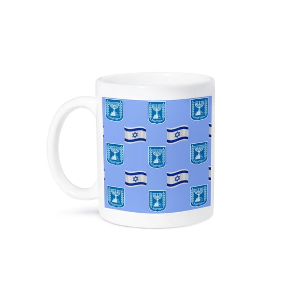 3dRose, Israel flag and emblem pattern on a light blue background. , 15oz Mug