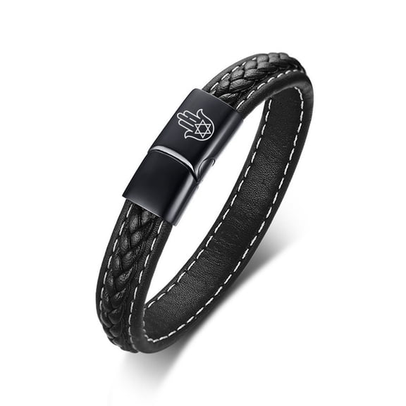 Israel Jewish Jewelry - Hamsa Hand of God with Star of David Amulet Cuff Bracelet Bangle Yisrael Wristband - Hanukkah Gift for Protection, Black, 8.07''