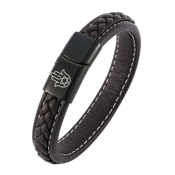Israel Jewish Jewelry - Hamsa Hand of God with Star of David Amulet Cuff Bracelet Bangle Yisrael Wristband - Hanukkah Gift for Protection, Brown, 8.07''