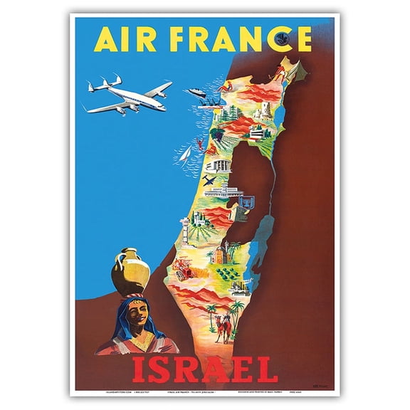 Israel - Lockheed Constellation “Connie” over Tel-Aviv Jerusalem - France - Vintage Airline Travel Poster by Maurice Renluc c.1951 - Master Art Print 10in x 14in