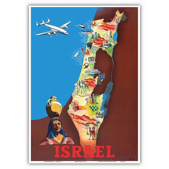 Israel - Lockheed Constellation (Connie) over Tel-Aviv Jerusalem - Vintage Airline Travel Poster by Maurice Renluc c.1951 - Master Art Print 10in x 14in