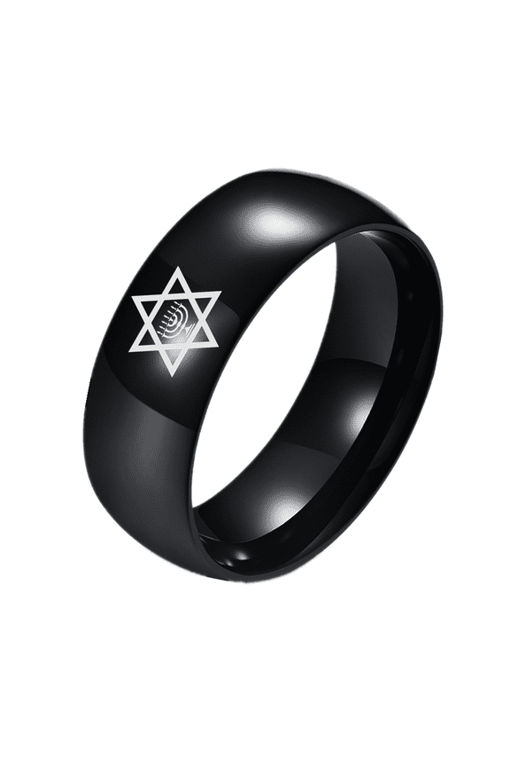 Israel Menorah Judaism Hebrew Finger Ring Black Jewish Star of David Ring Religious Messianic Anniversary Band for Men Women, Size 10