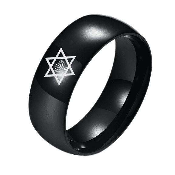 Israel Menorah Judaism Hebrew Finger Ring Black Jewish Star of David Ring Religious Messianic Anniversary Band for Men Women, Size 7