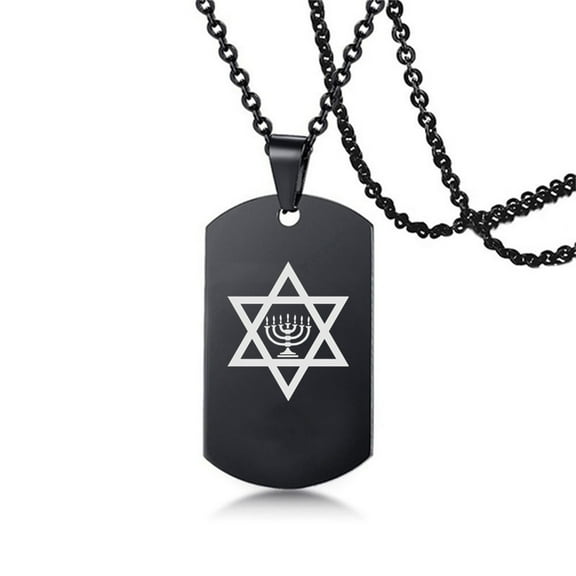 Israel Menorah Judaism Hebrew Necklace Star of David Messianic Stainless Steel Religious Pendant Chain, Black