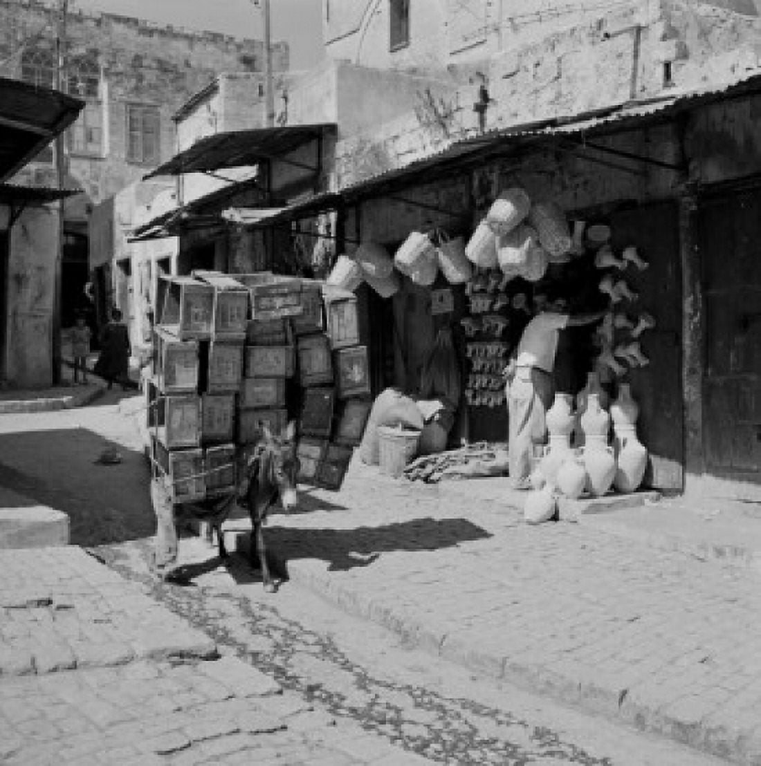 Israel Nazareth old section of city street scene with donkey Canvas Art - (18 x 24)