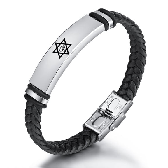 Israel Religious Leather Bracelet Star of David Menorah Candle Judaism Amulet Symbol Bangle for Men Women Jewish Messianic Bracelets, 8.26 inches, Black