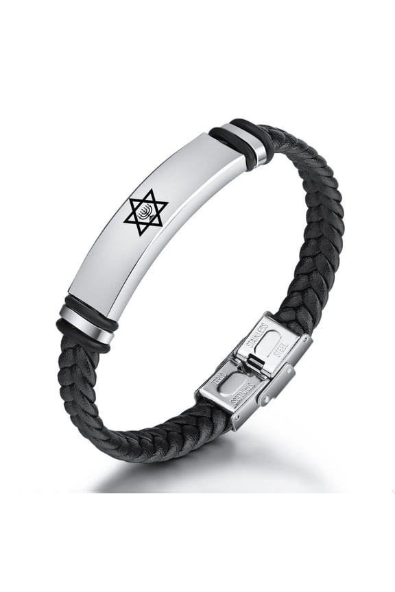 Israel Religious Leather Bracelet Star of David Menorah Candle Judaism Amulet Symbol Bangle for Men Women Jewish Messianic Bracelets, 8.26 inches, Black