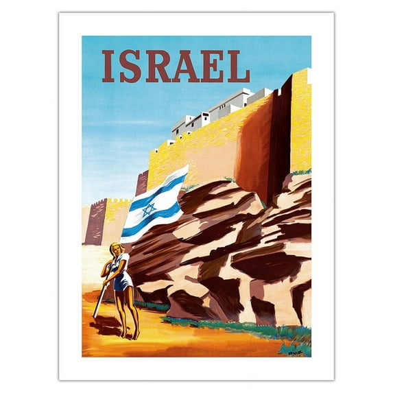 Israel - Zionist Heroic Girl Holding Israeli Flag - Walls of Jerusalem - Vintage Airline Travel Poster by Maurice Renluc c.1949 - Bamboo Fine Art 290gsm Paper Print (Unframed) 18x24in