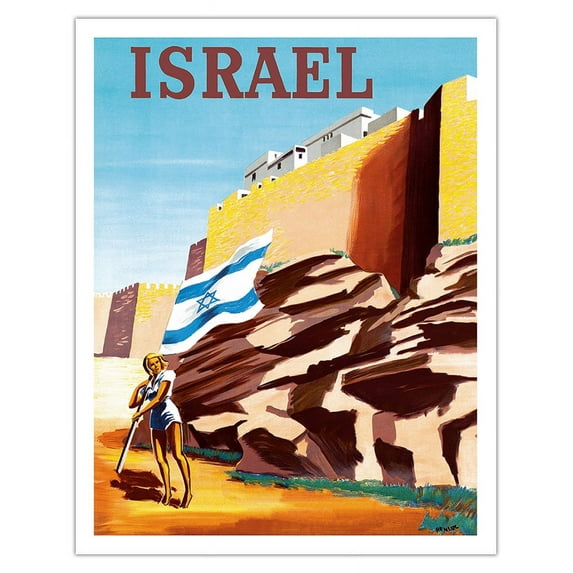 Israel - Zionist Heroic Girl Holding Israeli Flag - Walls of Jerusalem - Vintage Airline Travel Poster by Maurice Renluc c.1949 - Fine Art Matte Paper Print (Unframed) 11x14in