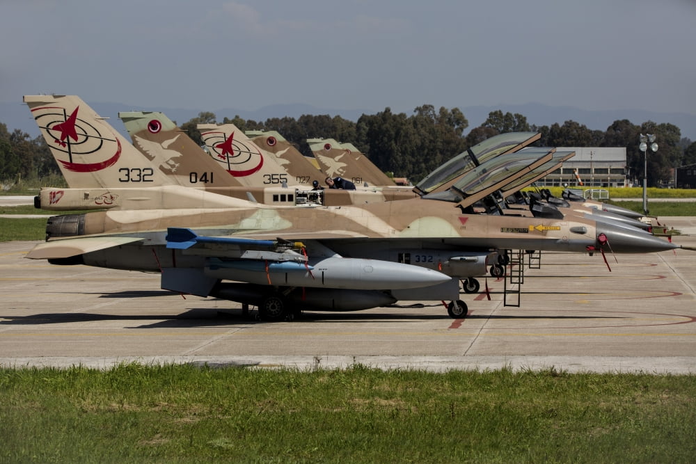 Israeli Air Force F-16`s of three different squadrons Canvas Art - Timm ZiegenthalerStocktrek Images (17 x 12)