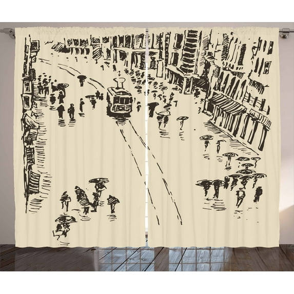 Ambesonne Istanbul Curtains 2 Panel Set, Cityscape Sketch Art, 108" x 90", Dark Taupe Beige