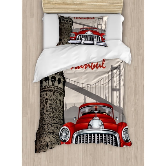 Istanbul Duvet Cover Set Twin Size, Galata Tower Bosphorus Image Bridge Old Fashioned Chevrolet Car Vintage Scenery, Decorative 2 Piece Bedding Set with 1 Pillow Sham, Multicolor, by Ambesonne