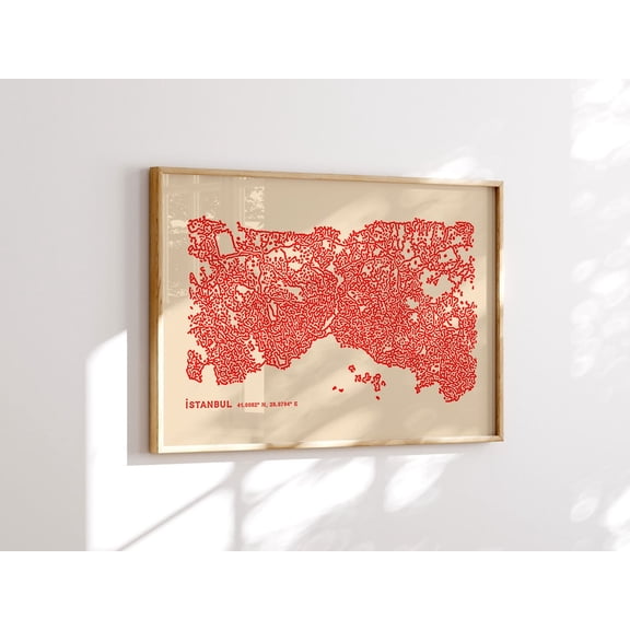 Istanbul Map Wall Art Poster, Istanbul City Map Illustration, Drawn Abstract Red Istanbul Poster, Wall Art, 472, Unframed Poster Size 8x12
