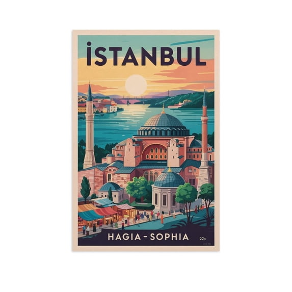 Istanbul Retro Travel Poster Vintage Turkish City Tourism with Hagia Sophia & Bazaar Canvas Poster
