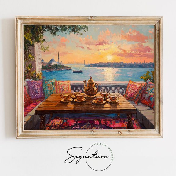Istanbul Rooftop Tea Terrace at Sunset, Rustic Coastal Wall, Romantic Landscape Decor, Warm Earthy Art, 3588 Unframed Paper Print
