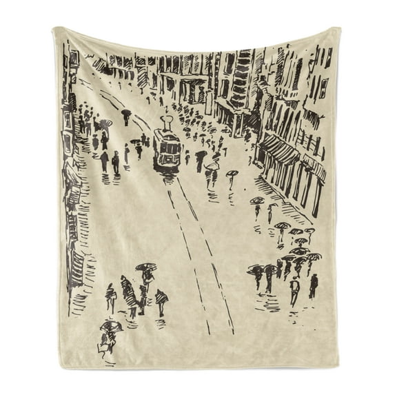 Istanbul Soft Flannel Fleece Blanket, Vintage Turkey Istanbul Cityscape Landmark Constantinople Sketch Ottoman Art, Cozy Plush for Indoor and Outdoor Use, 70" x 90", Dark Taupe Beige, by Ambesonne
