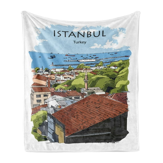 Istanbul Soft Flannel Fleece Throw Blanket, Aerial View of Sea Marmara Harbor from the Neighborhood Coast Retro Sketch Art, Cozy Plush for Indoor and Outdoor Use, 50" x 70", Multicolor, by Ambesonne