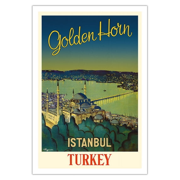 Istanbul Turkey - Golden Horn Waterway - Mystique Süleymaniye Mosque - Vintage Travel Poster by N. Ergüver c.1950 - Fine Art Matte Paper Print (Unframed) 30x44in