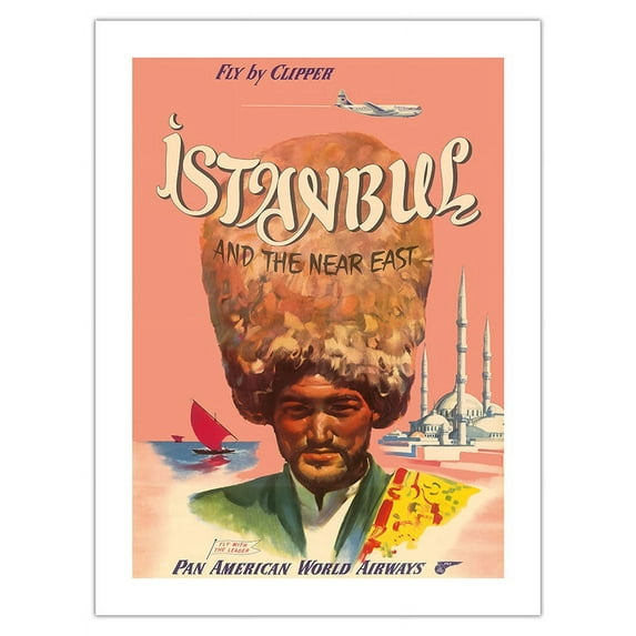 Istanbul Turkey - and the Near East - Fly by Clipper - Vintage Airline Travel Poster c.1950s - Bamboo Fine Art 290gsm Paper Print (Unframed) 18x24in