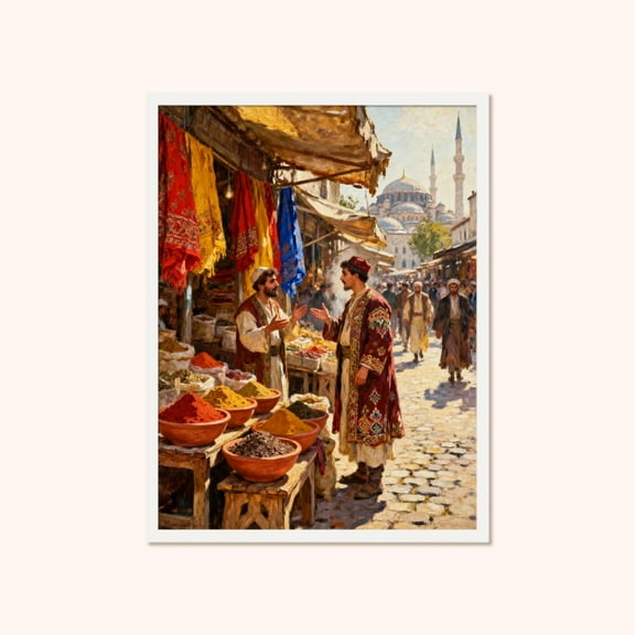 Istanbul Wall Art, Turkish Spice Market Bazaar For Kitchen And Dining Room Decor, Unframed Canvas Size 8x12