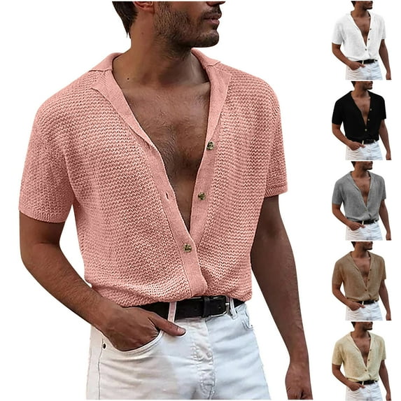 Pounoo 2024 New Casual Button Down Shirt Clearance Items Fashion Men's Short Sleeve Collar Blouse Lightweight Turndown Khaki Top Summer Father Day Gift