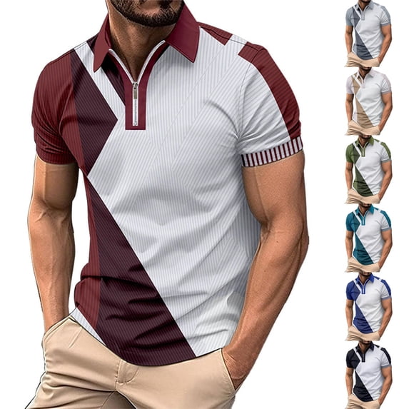 Pounoo 2024 New Golf Shirts for Men Leisure Men Casual Solid Pullover Patchwork Zipper Short Sleeve Blouse Breathable Turndown Khaki Top Summer Father Day Gift