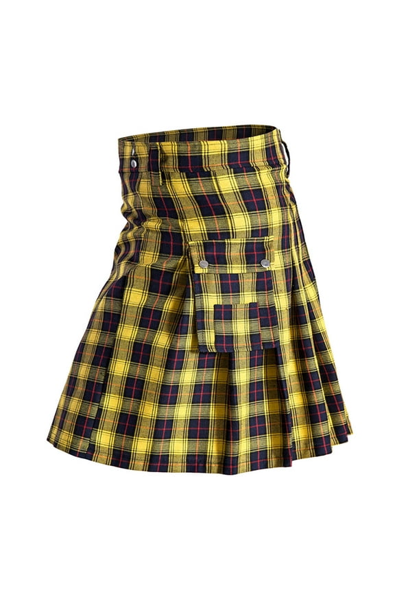 Isvgxsz 2024 New Mens Pants Clearance Men Casual Fashion Have Pockets Plaid High-Waisted Skirt Pleated Skirt Short Skirt Spring Style Yellow